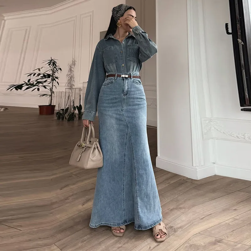 

Denim Women slirt shirt 2 piece set Dubai Muslim Jalabiya Ramadan Vestidos Largos Party Dresses Arab Long Robe Morocco Spring