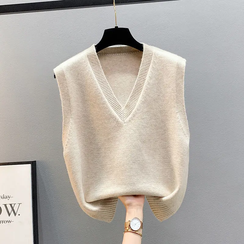 Wiosenne jesienne damskie swetry kamizelka wiosna jesień moda nowa bez rękawów z dekoltem w szpic Casual styl młodzieżowy solidna dzianina bluzki