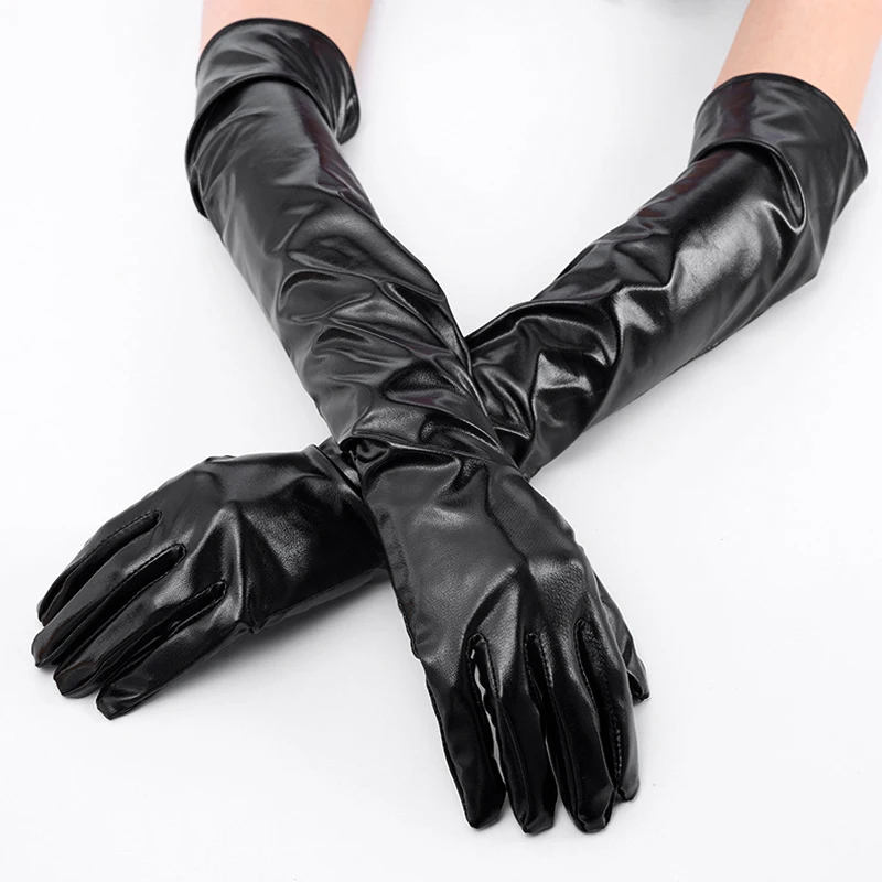 52cm Long PU Leather Gloves for Women Sexy Black Soft Stretch Dancing Gloves Female Halloween Cosplay Costume Accessories