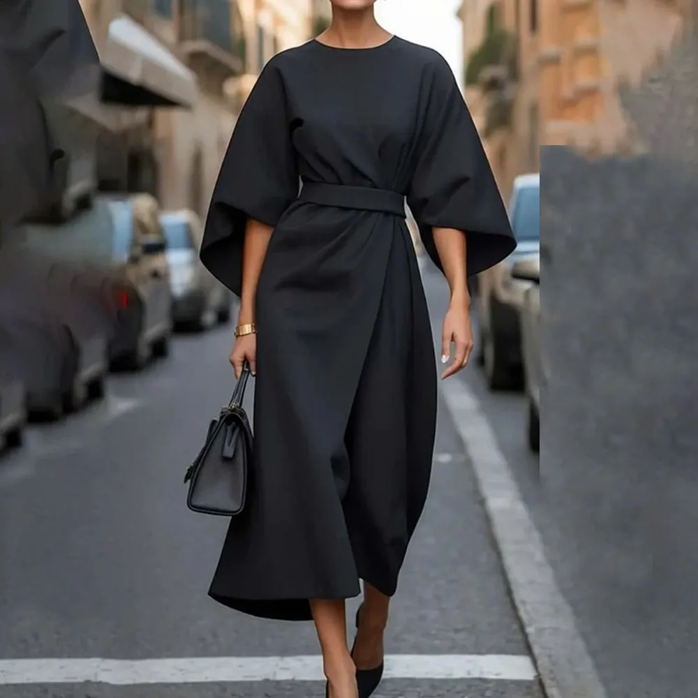 

BluWin Elegant Long Sleeve Black Long Dresses For Women 2025 Fashion Loose O-neck Maxi Dress Casual