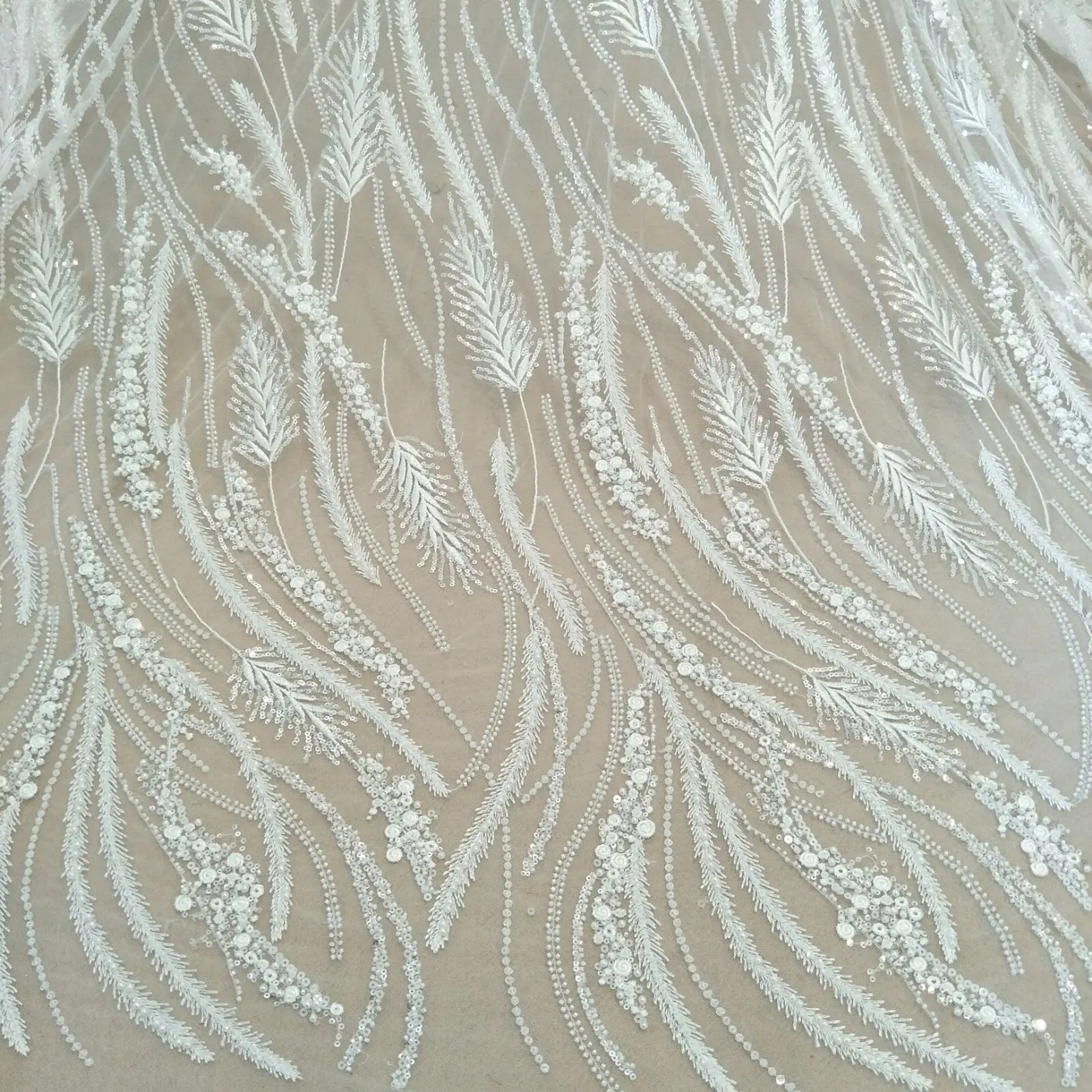 new arrival wedding gown dress lace fabric with beads and sequins lace pearls ivory lace sell by yard