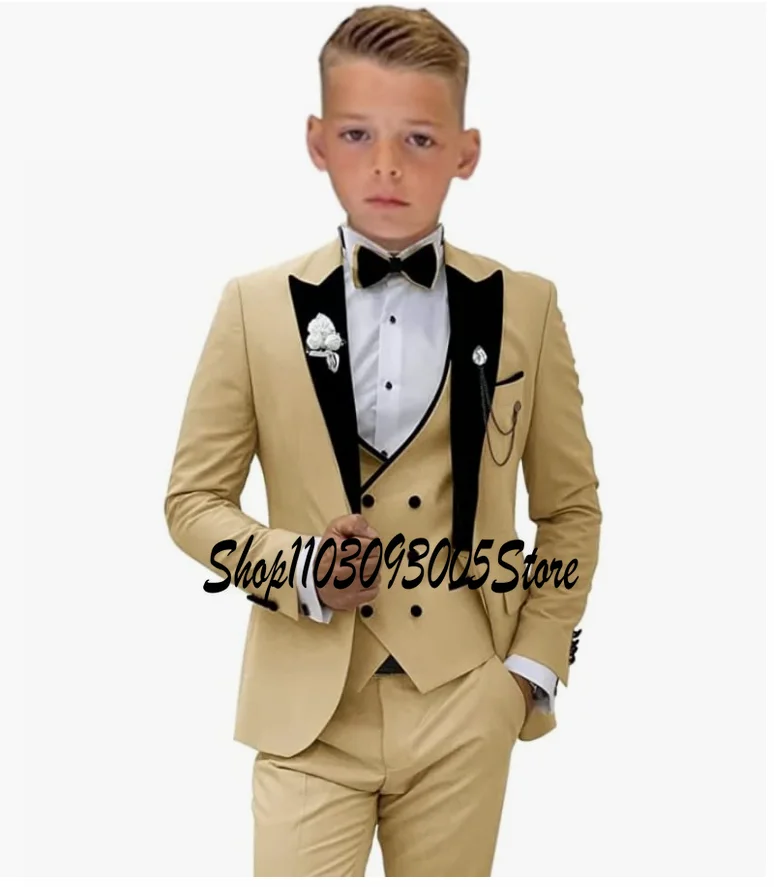 Formal Boy\'s 3-Piece Suit Set (Jacket+Vest+Pants) Khaki Slim Fit Classy Kids Tuxedo Toddler Dresswear Wedding Ring Bearer