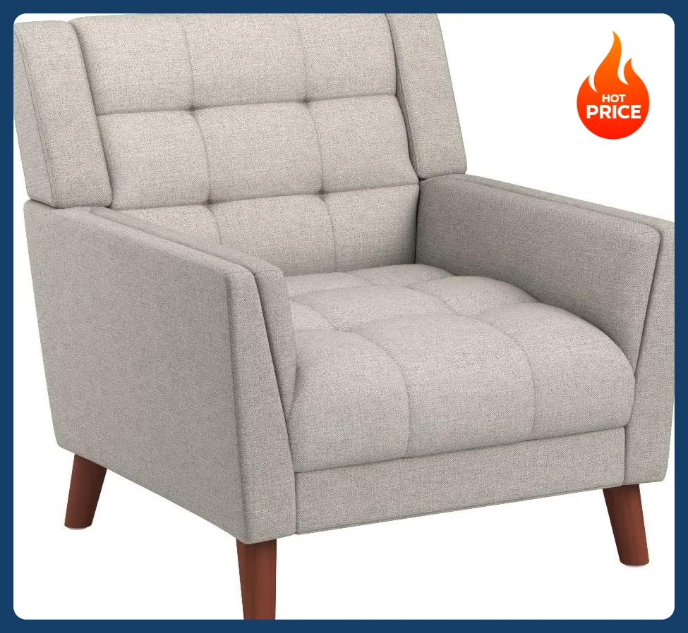 [Free Shipping!]Evelyn Mid Century Modern Fabric Arm Chair, Beige & Walnut