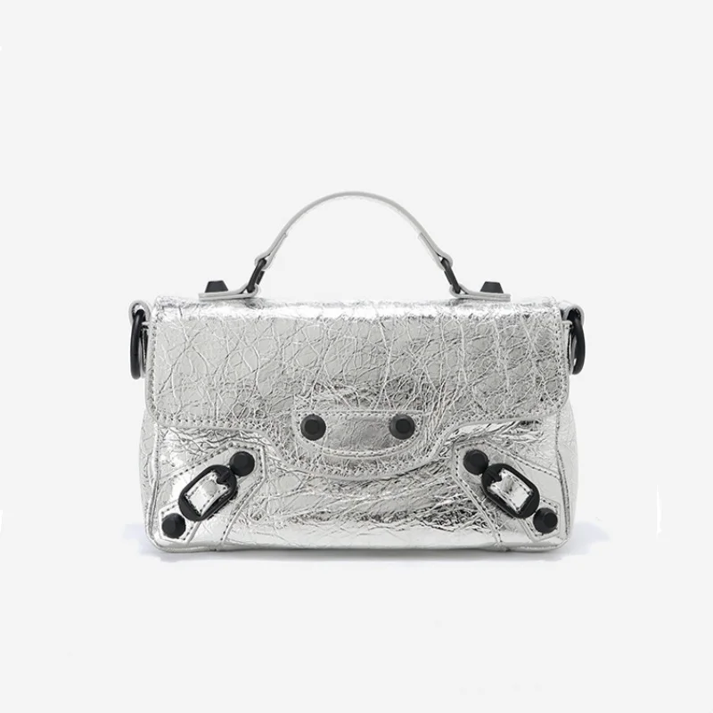 Trendy Motorcycle Bags Women's Top-Grain Leather Crossbody Bag Classic Street Cool Rivet Decoration Small Square Bag