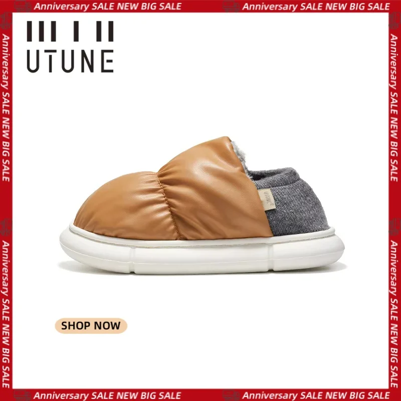 

UTUNE Toast Winter Men's Home Slippers PU Waterproof Outside Shoes Women Soft Plush Indoor Light Flats New Autumn Fashion 2021