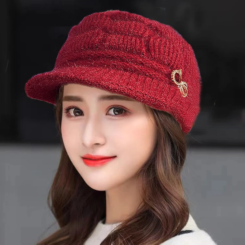 Winter Warm Hat Knitted Hat Casual Fashion Mom Cap Grandmother Hat Plush Thickened Fleece-Lined Warm Wool Christmas Gift