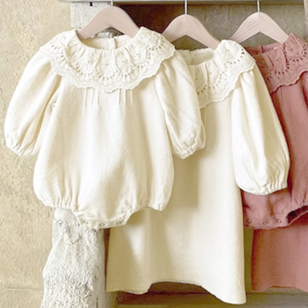 Casual Girls Ruffles Lace Collar Dress Autumn Long Sleeve Kids Dresses for Toddler Girls White Dress Fashion Children's Clothing