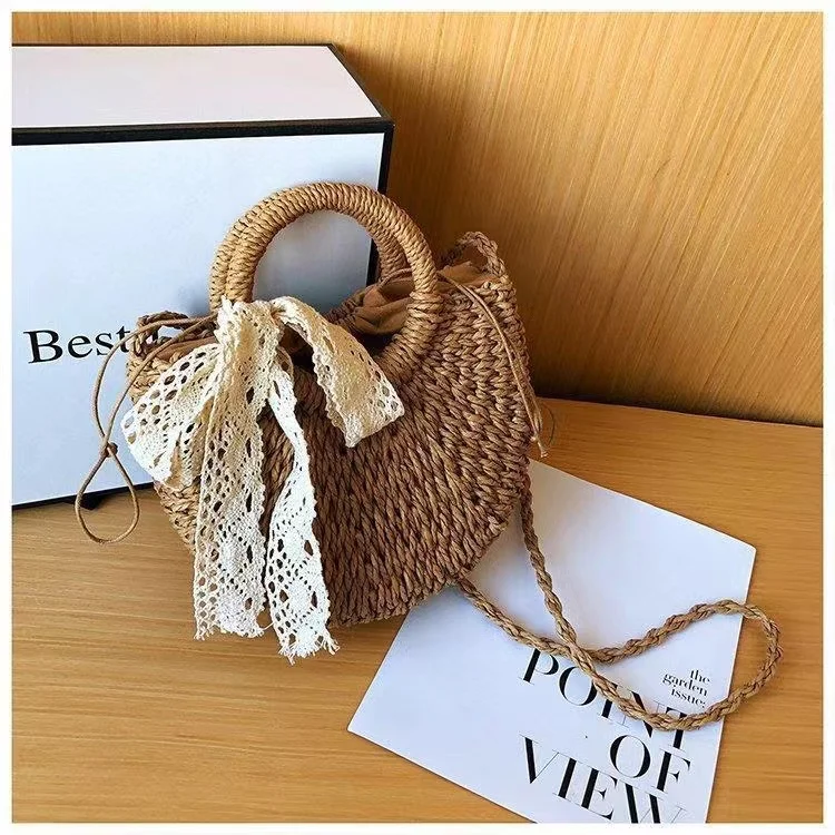 Grass weaving Handmade Half-Round Rattan Woven Straw Bag Summer Women Messenger Crossbody Bags Girls Small Beach Handbag New