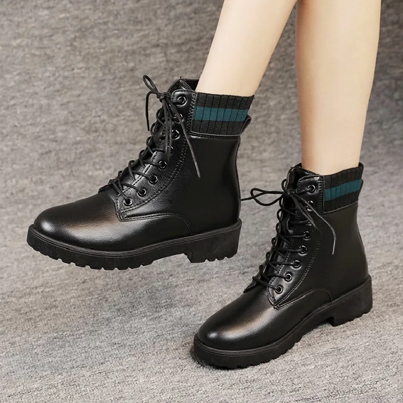 Rock Shoes Woman Lace Up White Ankle Boots Flat Heel Round Toe Winter Footwear Low Autumn 2024 Rubber Black Ladies PU Lace-Up Co