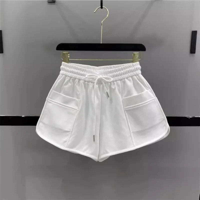 Dames Casual Solid Trekkoord Shorts 2025, Nieuwe bodems Hoge taille Wijde pijpen Broek Zakken Alle Match Pantalones Cortos De Mujer