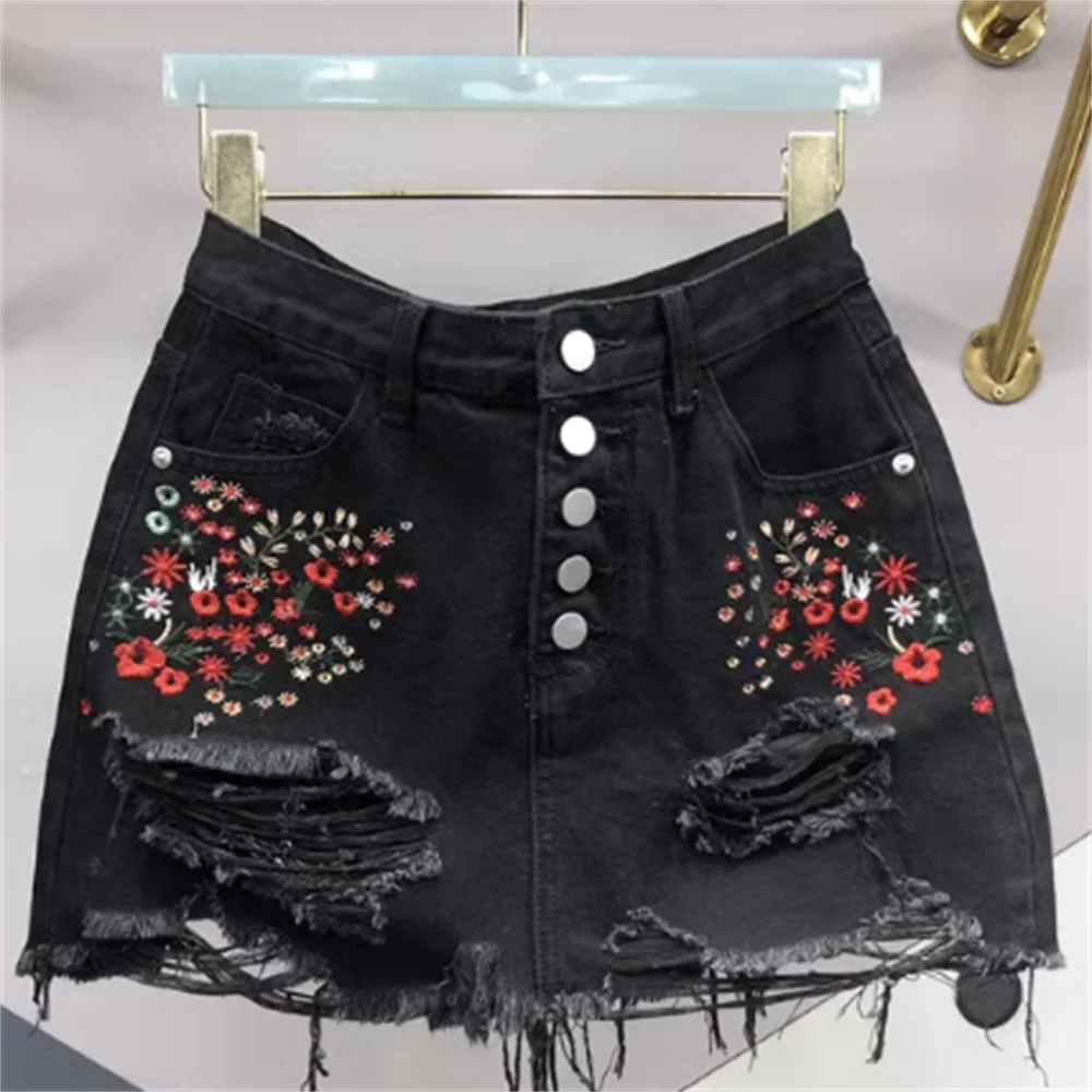 

Embroidered denim skirt women's summer single-breasted hole girl skirt