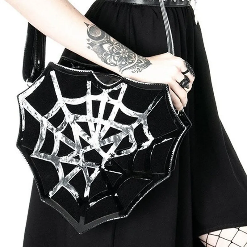 PU women\'s shoulder Bag Dark Wind Spider Web skew Bag Punk Halloween Creative women bag