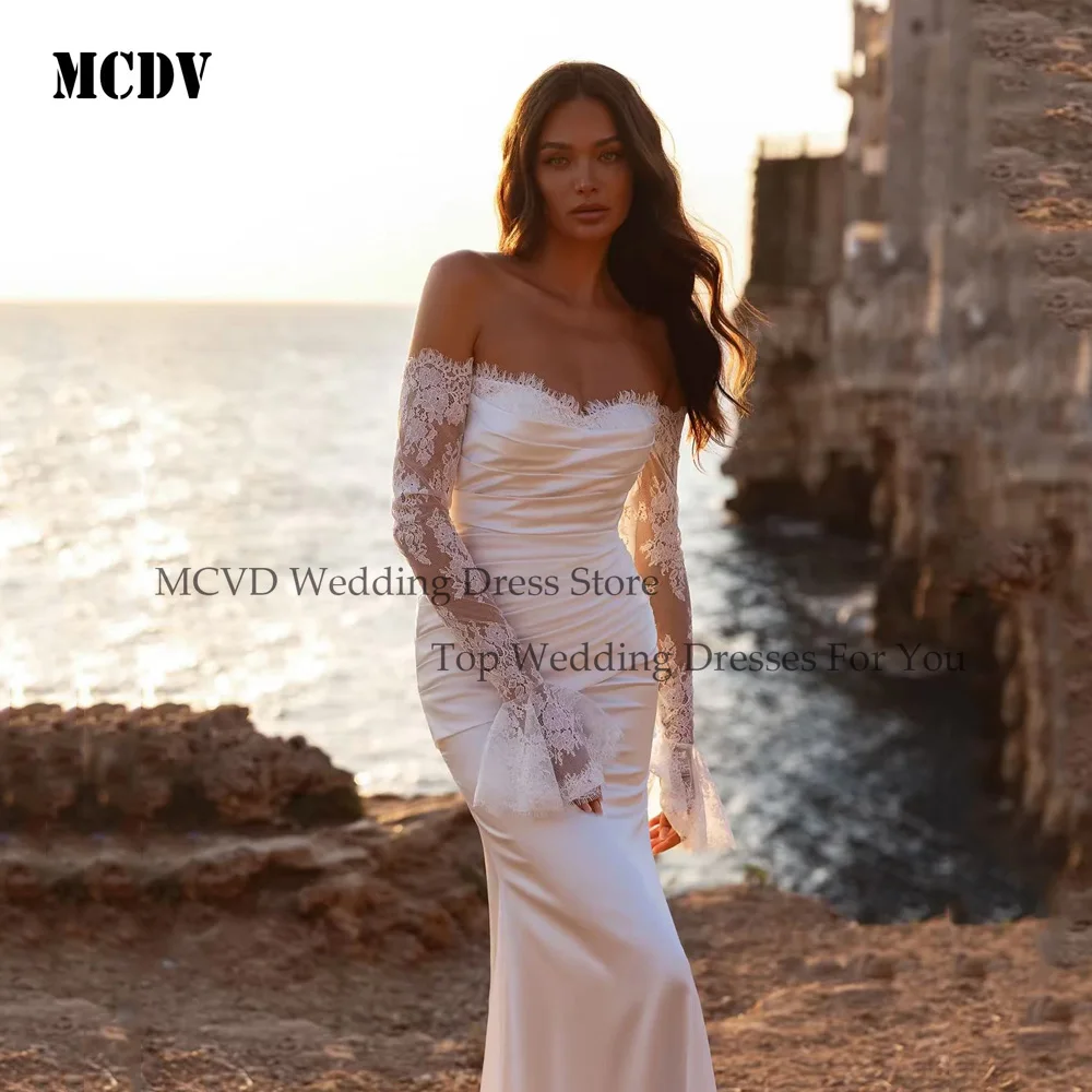 MCDV Abiti da sposa vintage a sirena Abiti da sposa a maniche lunghe con scollo a O Abiti da sposa in raso robe de mariée 	 Treno spazzante personalizzato