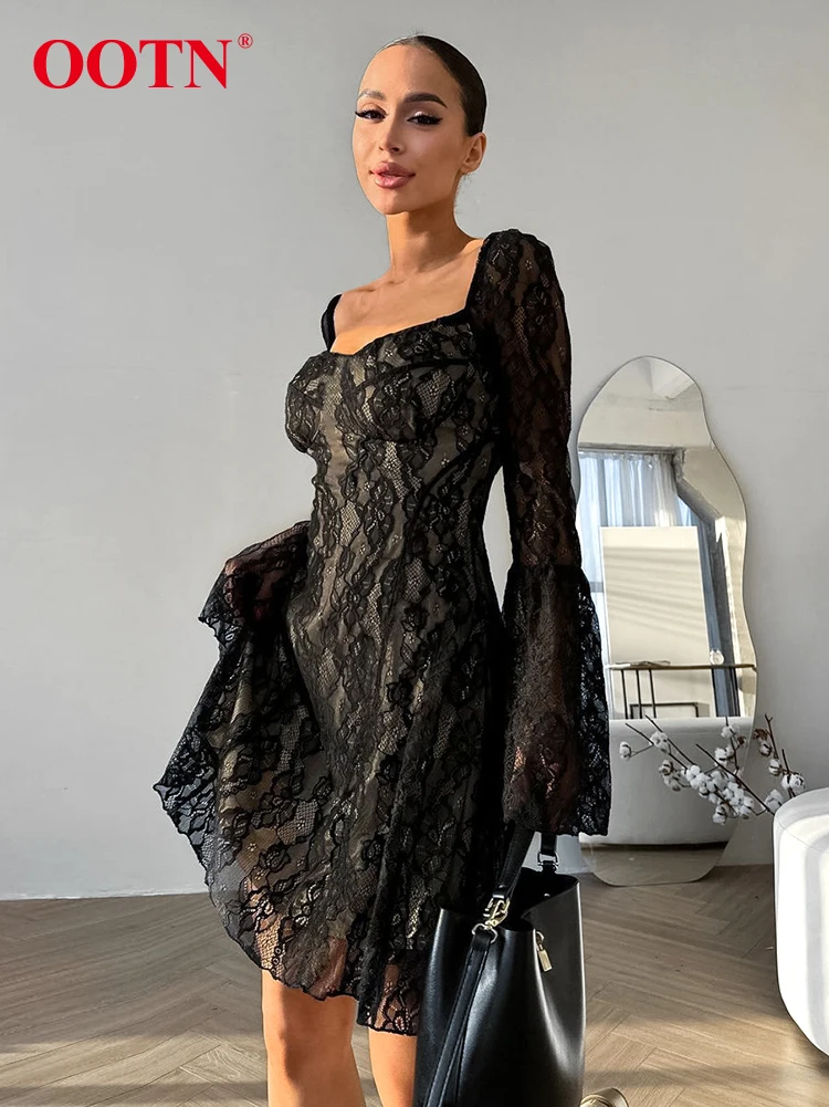 OOTN Black Jacquard Weave Evening Dress For Women Flare Sleeves Autumn 2024 A-Line Dress Party Square Collar Perspective Dresses