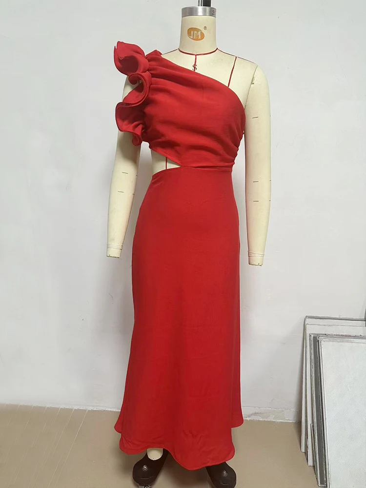 ผู้หญิงหนึ่งไหล่แขนยาวForkedชุดยาวเซ็กซี่Bodyconเซ็กซี่Streetwear Party Club Elegant 3Dดอกไม้Streetwearเสื้อผ้า