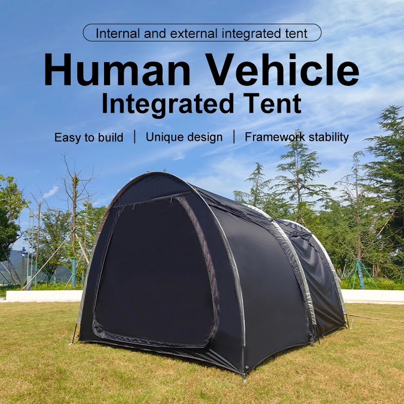 2-in-1 Motorcycle Camping Tent with 2 Spacious Rooms, 1 for the Motorcycles or Bikes, 1 Room has Mesh&Floor, for Overnight Sleep