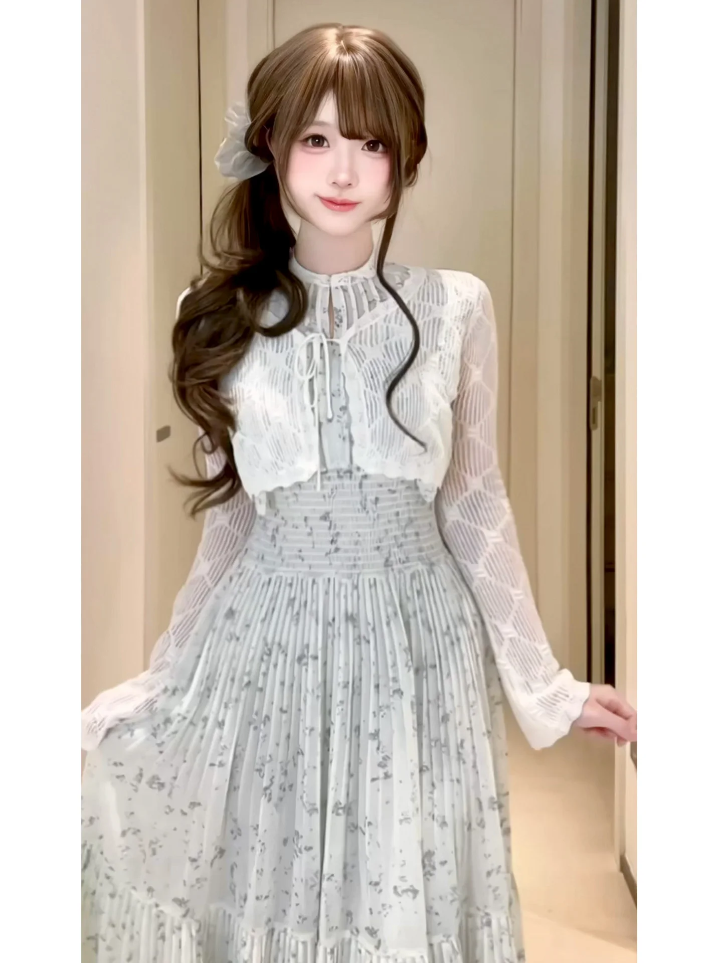 

Early Spring Women's Faion Set Japanese Sle Hollow out oulder awl Gauze Skirt Long Dr Two Piece Set Floral Print