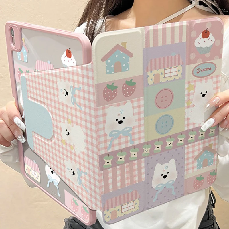 IPad Pro 11 2022 Ipad Mini6 8.3 360 Degree Rotation Smart Cover Plaid Strawberry Puppy 7 8 9th 10.2 Funda Cover 10.9 10th Gen