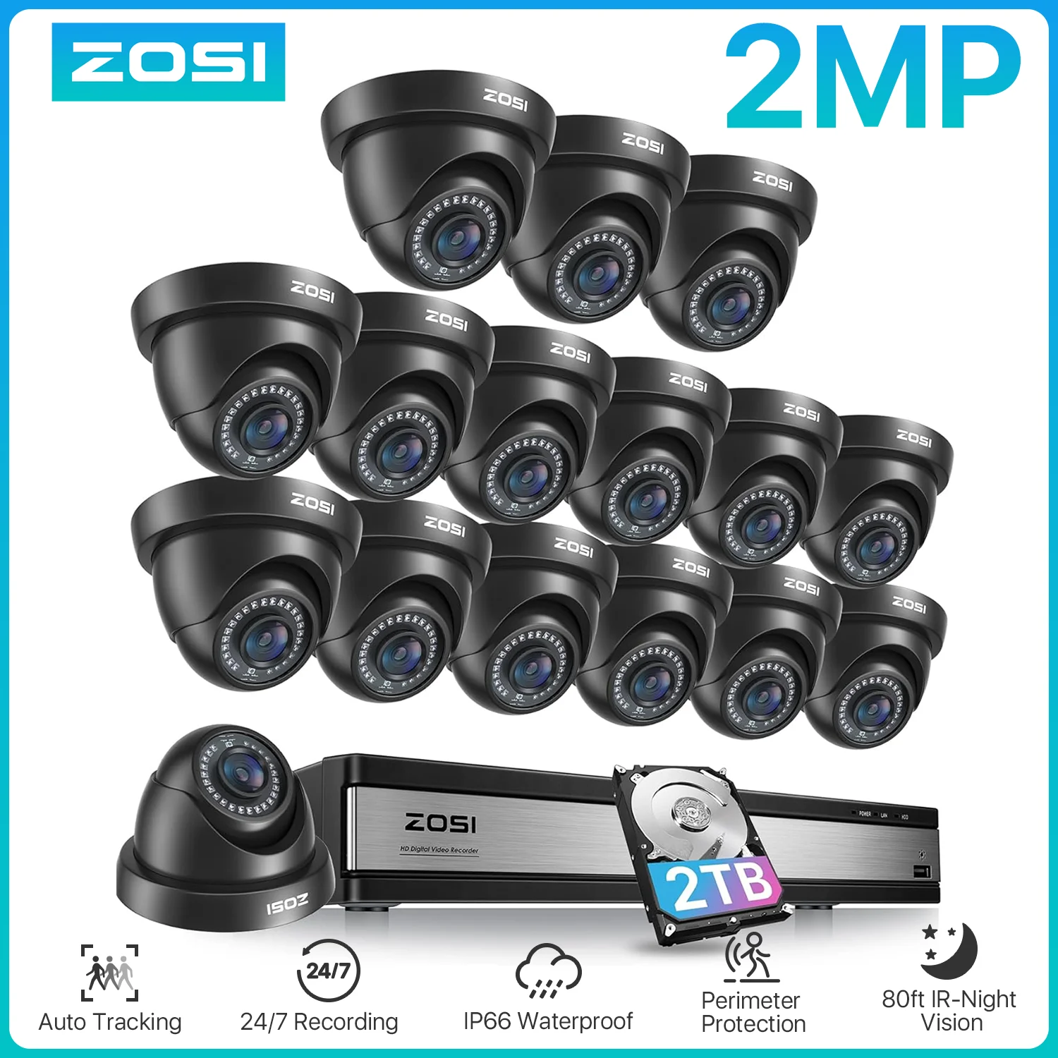 ZOSI-sistema de cámaras de seguridad con 16 canales para el hogar, Kit de videovigilancia CCTV de 2MP, 16 canales, 1080p, DVR, detección de movimiento, para exteriores