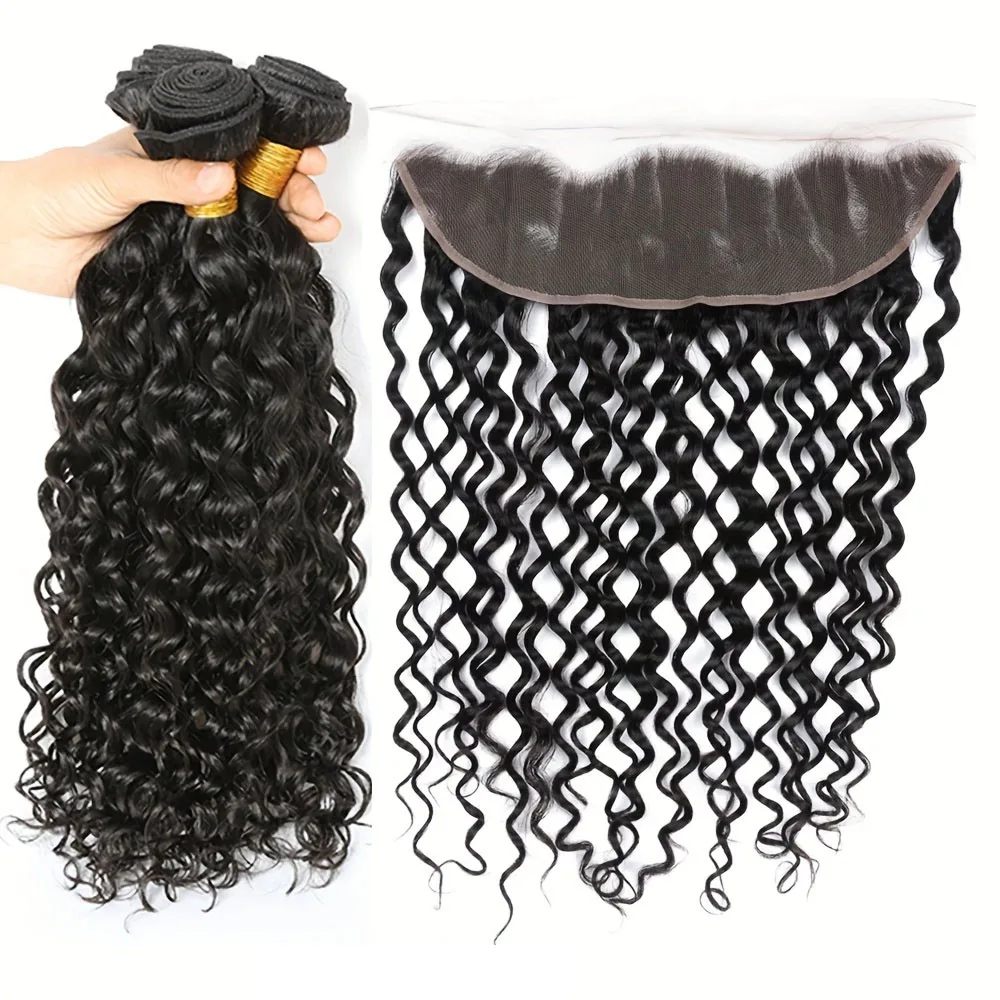 موجة المياه حزمة الشعر البشري مع الدانتيل أمامي 13x4 الدانتيل الشفاف عالية 150% الكثافة ضفيرة شعر برازيلي لتمديد شعر مستعار #2