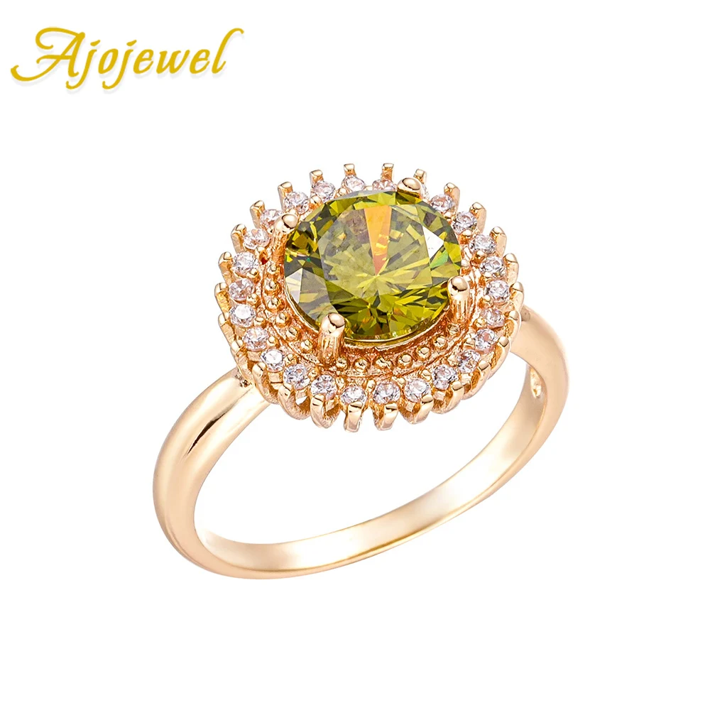 Ajojewel Chic Round Olive Green Zirconia Ring Woman Golden Finger Jewelry Fashion Gifts