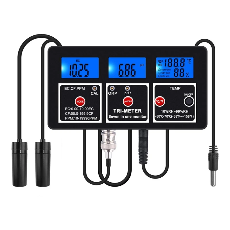 7 In 1 Water Quality Tester Multi-Function EC/TDS/CF/PH/ORP/Humidity/TEMP Meter For Swimming Pool, Fish Pond Durable US Plug