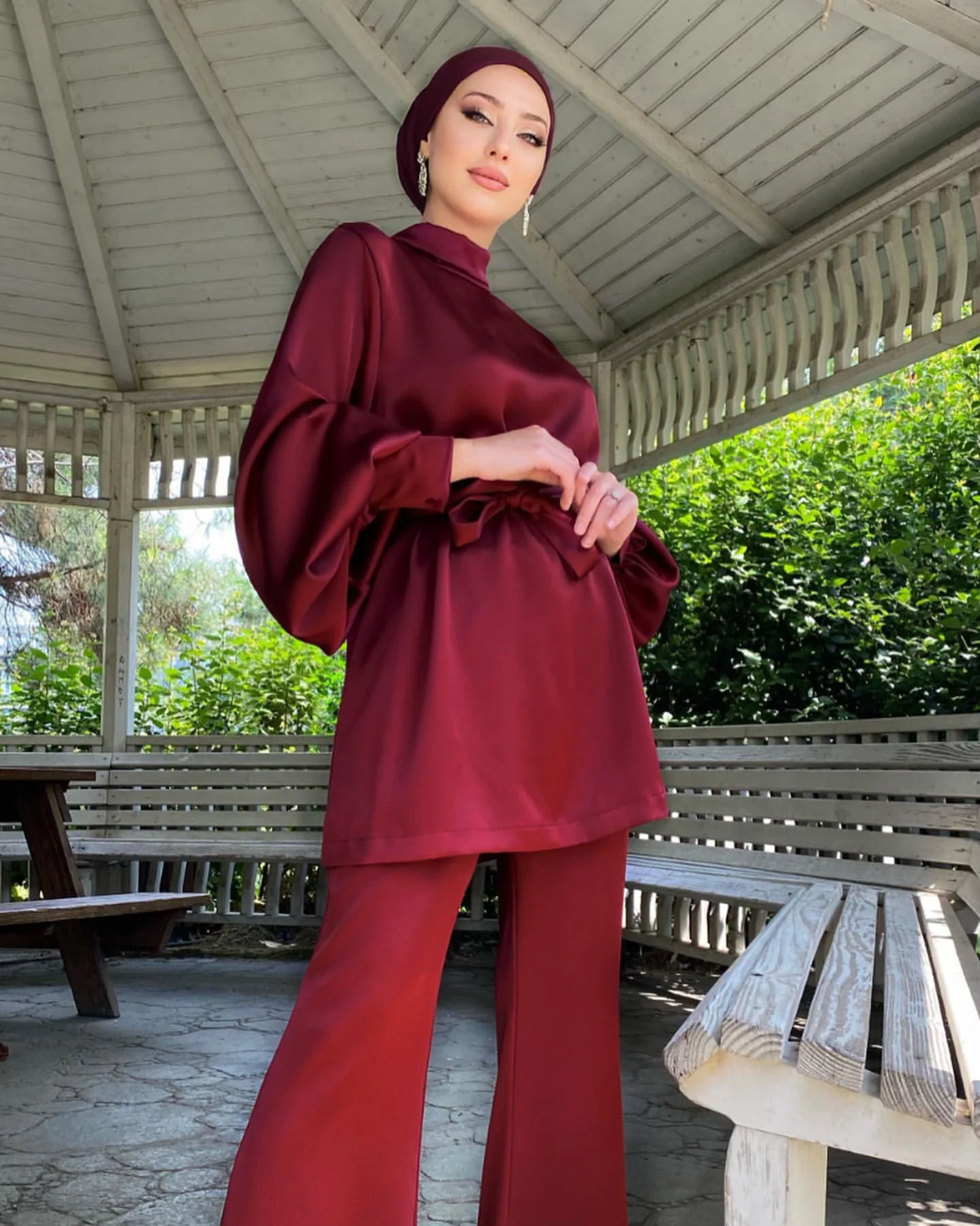 Satin Turkey Two Piece Sets Trousers and Tunic Top Solid Color Elegant Pants and Blouse Set Lady Muslim Woman Outfit Ramadan Eid