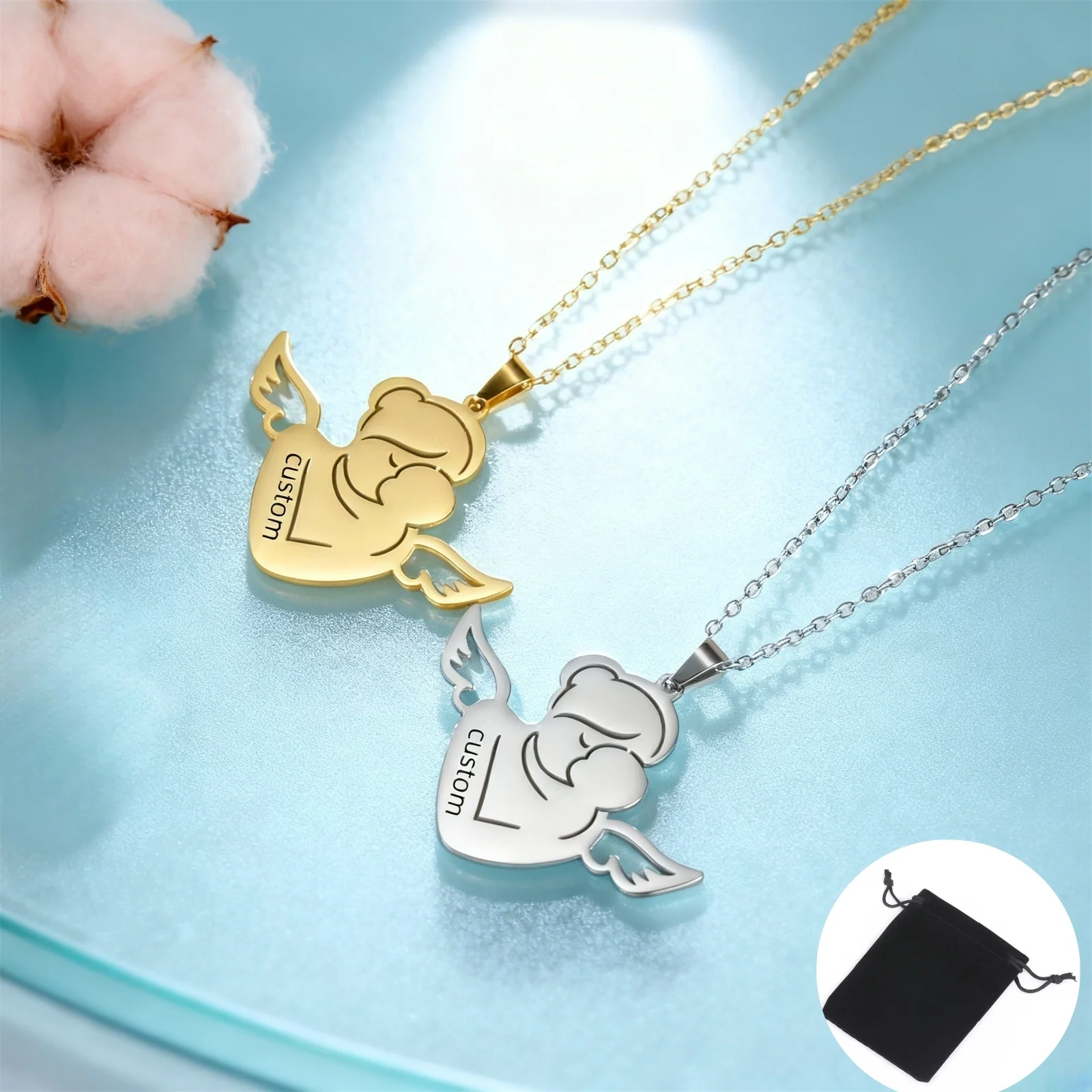 カスタマイズされた名前日付エンジェルママネックレスステンレス鋼パーソナライズされた名前ファッション母の愛ネックレス母の日ジュエリー