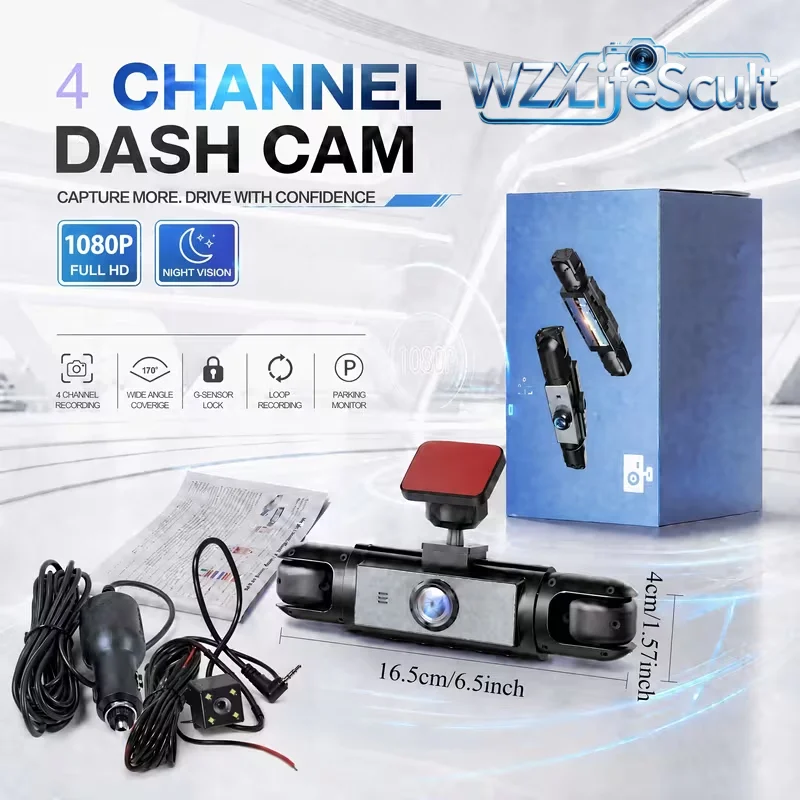 4 Channel 360° Panoramic Dash Cam, 5.43 Inch Ultra Wide Display, Quad Split Screen View, 1080P Full HD, IR HD Night Vision, G-Sensor Collision Lock, Auto Loop Recording, 24H Parking Surveillance, Universal Vehicle Accessory for Road Travel