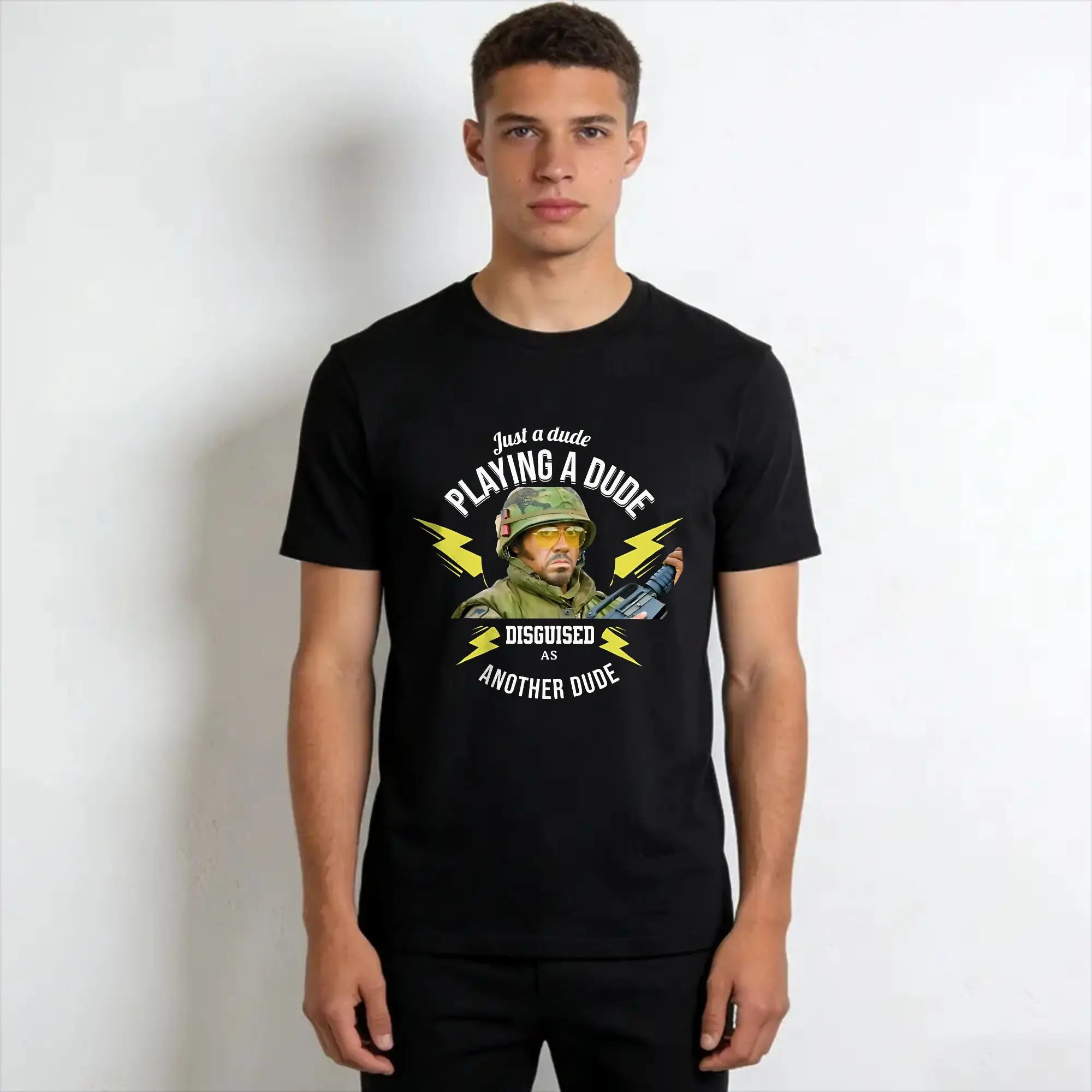 Mens Womens Just a dude Tropic Thunder  T Shirt 100% Cotton Graphic Printing T-Shirt  Clothing Outfits