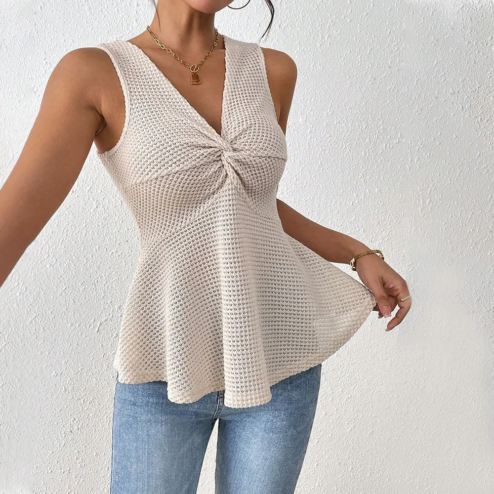 

New Summer Women's Fashion Sisterhood Office T-shirt V-neck Sleeveless Waist-cinching Slimming Elegant Top