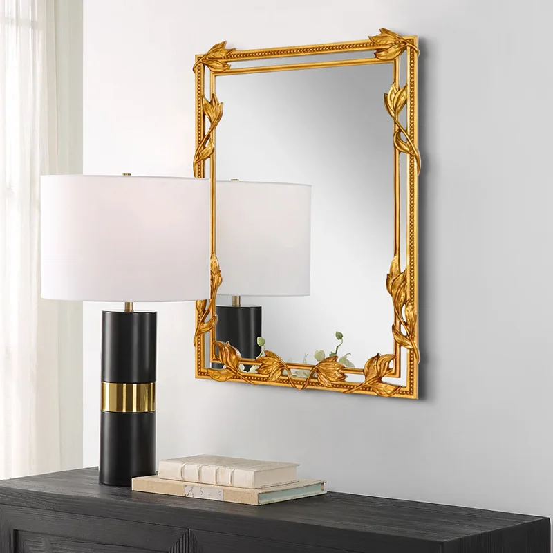 European retro carved gold frame rectangular wall-mounted mirror, court style decorative mirror, entrance wall decorative mirror