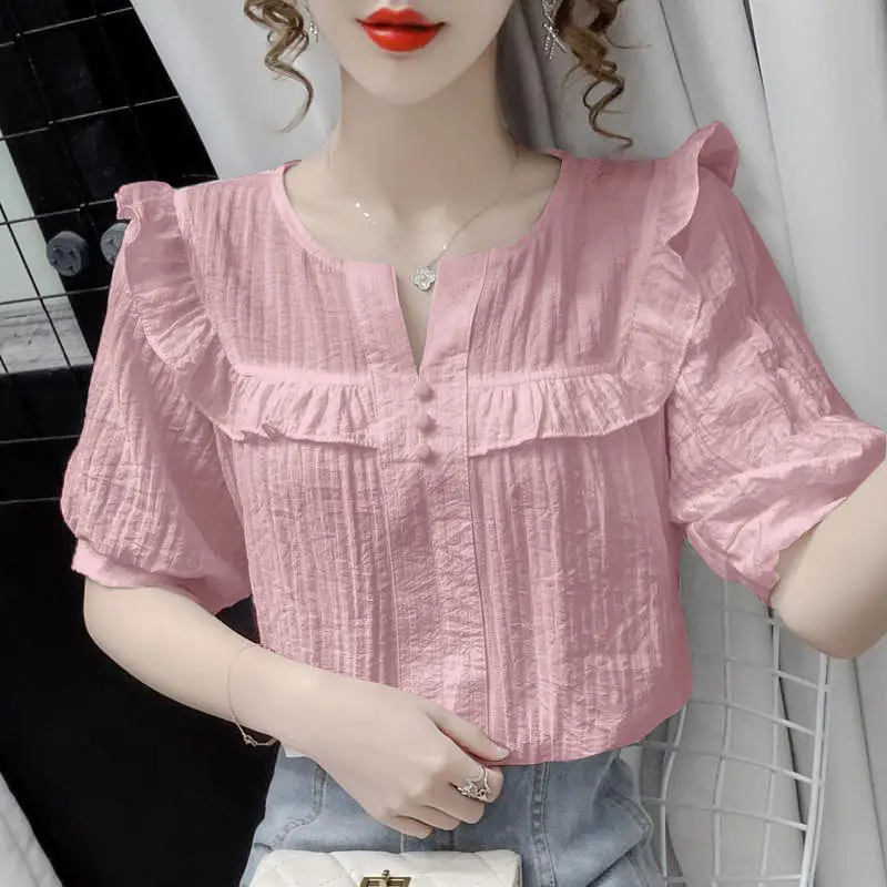 Summer New Casual Fashion Ruffles Solid Simple Shirt Ladies Short Sleeve Loose All-match Pullover Blouse Women Oversized Tops