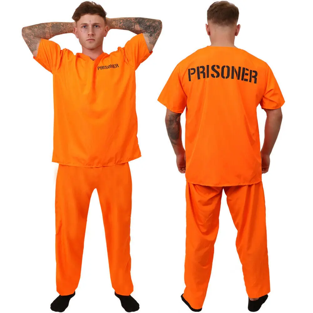 Adults Unisex Convict Halloween Cosplay Costume Inmate Orange Prisoner Jumpsuit Jailbird Outfits for Men and Woman