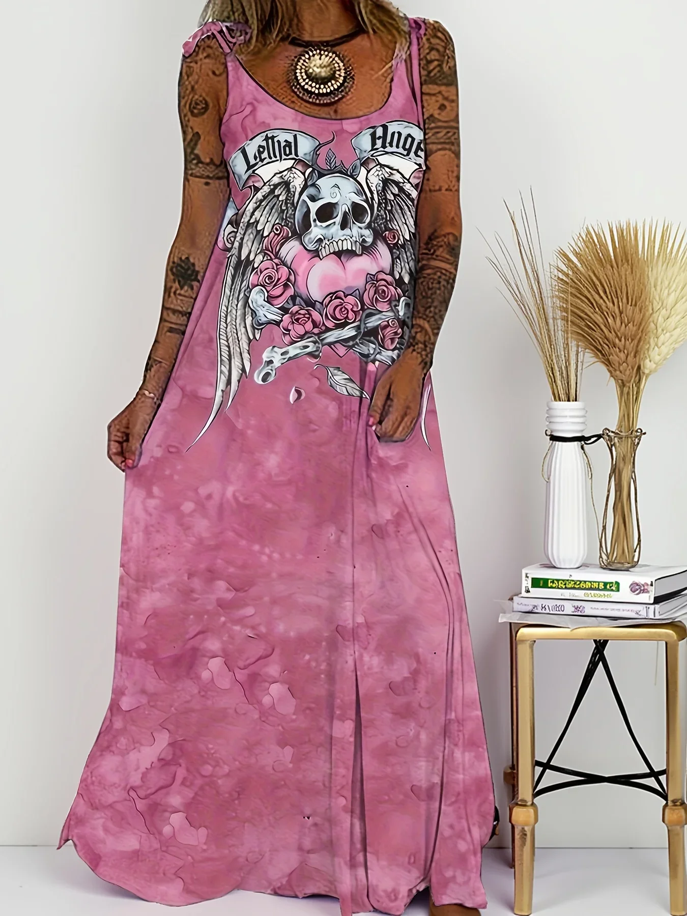 Vestido largo con lazo y cuello en V y estampado de calavera de talla grande para mujer, fabricado en poliéster, adecuado para fiestas, festivales, discotecas, etc.