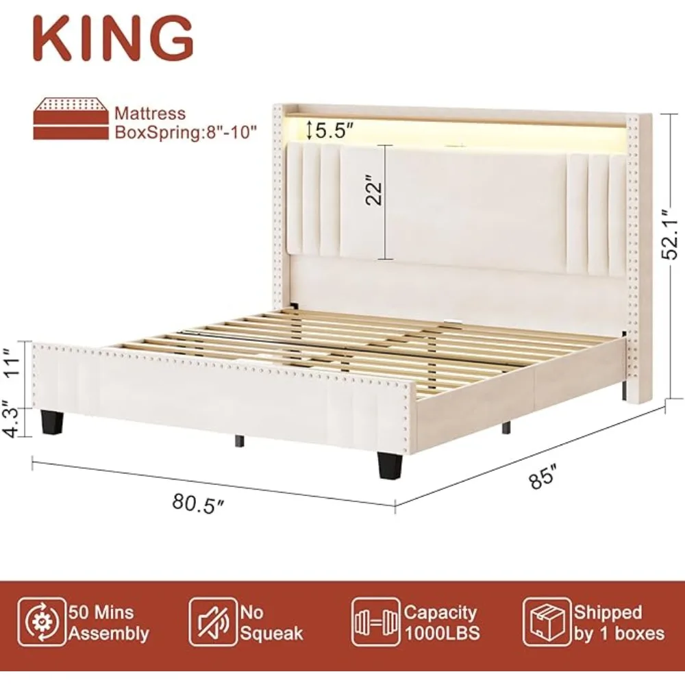 Bed Frame and Tall Headboard & LED Light,Velvet Upholstered Bed Frame with Storage Headboard & Charging Station,Tufted