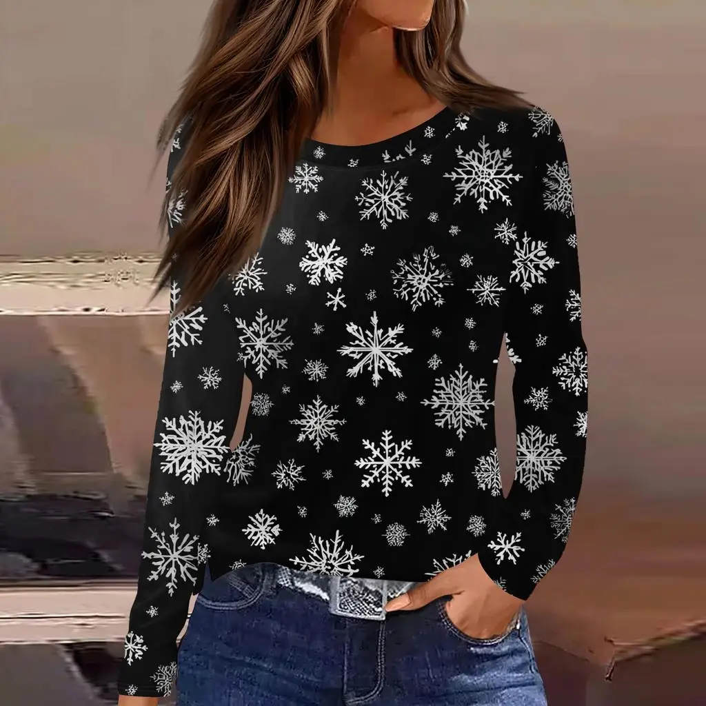 Kerst stijl dames 3D sneeuwvlok print trui ronde hals lange mouwen T-shirt feestelijke kleur casual losse herfst top