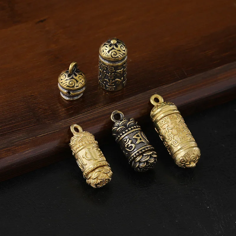 Hollow Brass Buddha Bottle Sutra Cylinder Pendant Keychain Handmade Vintage Pill Box Container Bottle Keychains Pill Case Bottle