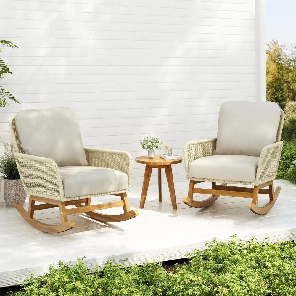 

3-Piece Outdoor Rocking Chair Set with Side Table - All-Weather PE Wicker Patio Furniture Modern Rattan Seating for Small Spaces