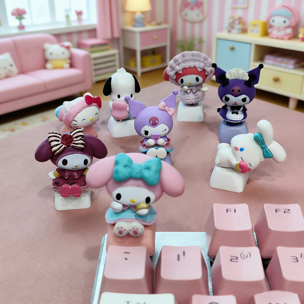 

Kawaii Keycap Hello Kitty Kuromi Keycaps DIY 3D Decor Toppers for Custom Keyboard Cute Character Figurines Desk Ornaments Anime