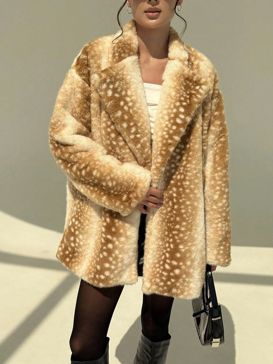 LIMO Women Deer Spot Faux Fur Coat Wide Lapel Loose Fluffy Jacket