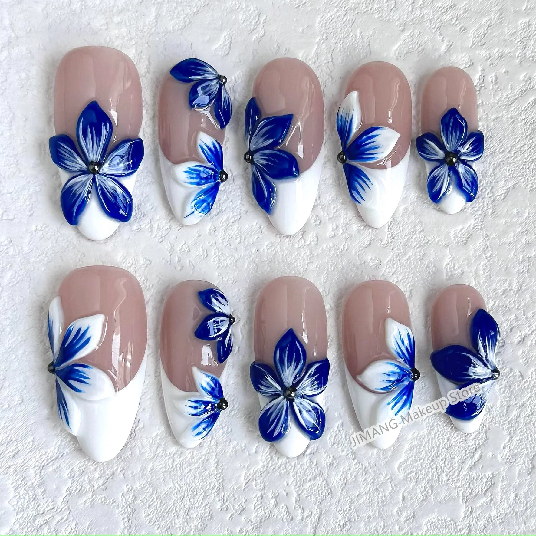 3D Flower Almond Press On Nails Handmade Acrylic Nails False Nails Reusable Short Fake Nail With Glue Gift Full Cover Nail Tips