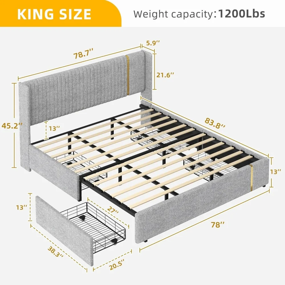 Marco de cama con cajones, almacenamiento con cabecero, listones de madera resistentes, No requiere resortes, marco de cama de Metal