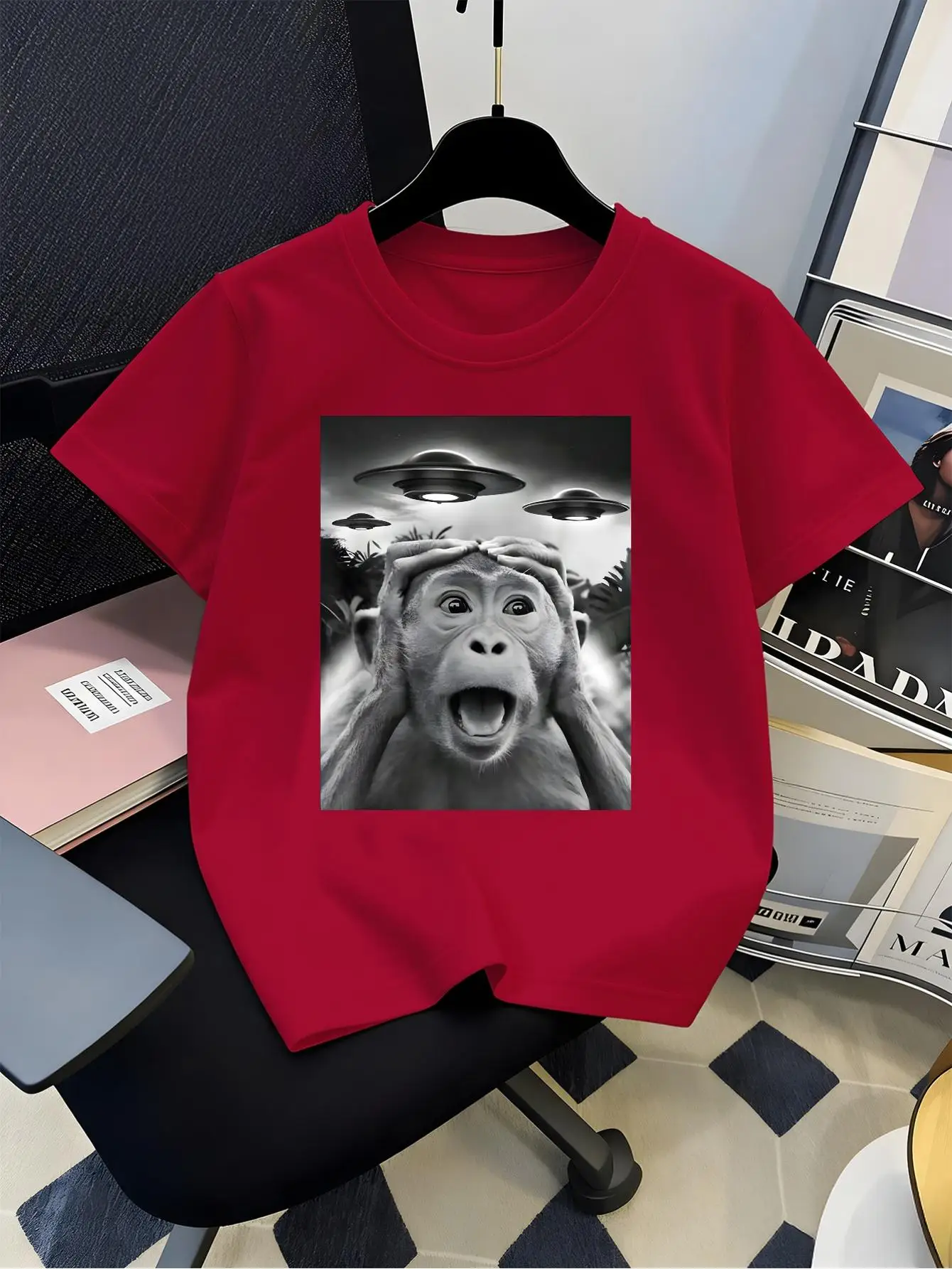 Kids Boys Girls T Shirt Monkey Alien Ufo Surreal Print Short Sleeve Tee Family Matching Summer Holiday Parent Child Casual Tops