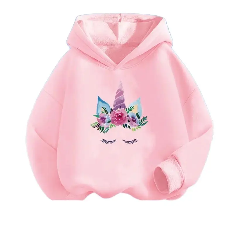 Kids Cartoon Hoodies Beauty Flower Unicorn Hoodey Sweatshirt Girls Fashion Harajuku Thin Basic Coat