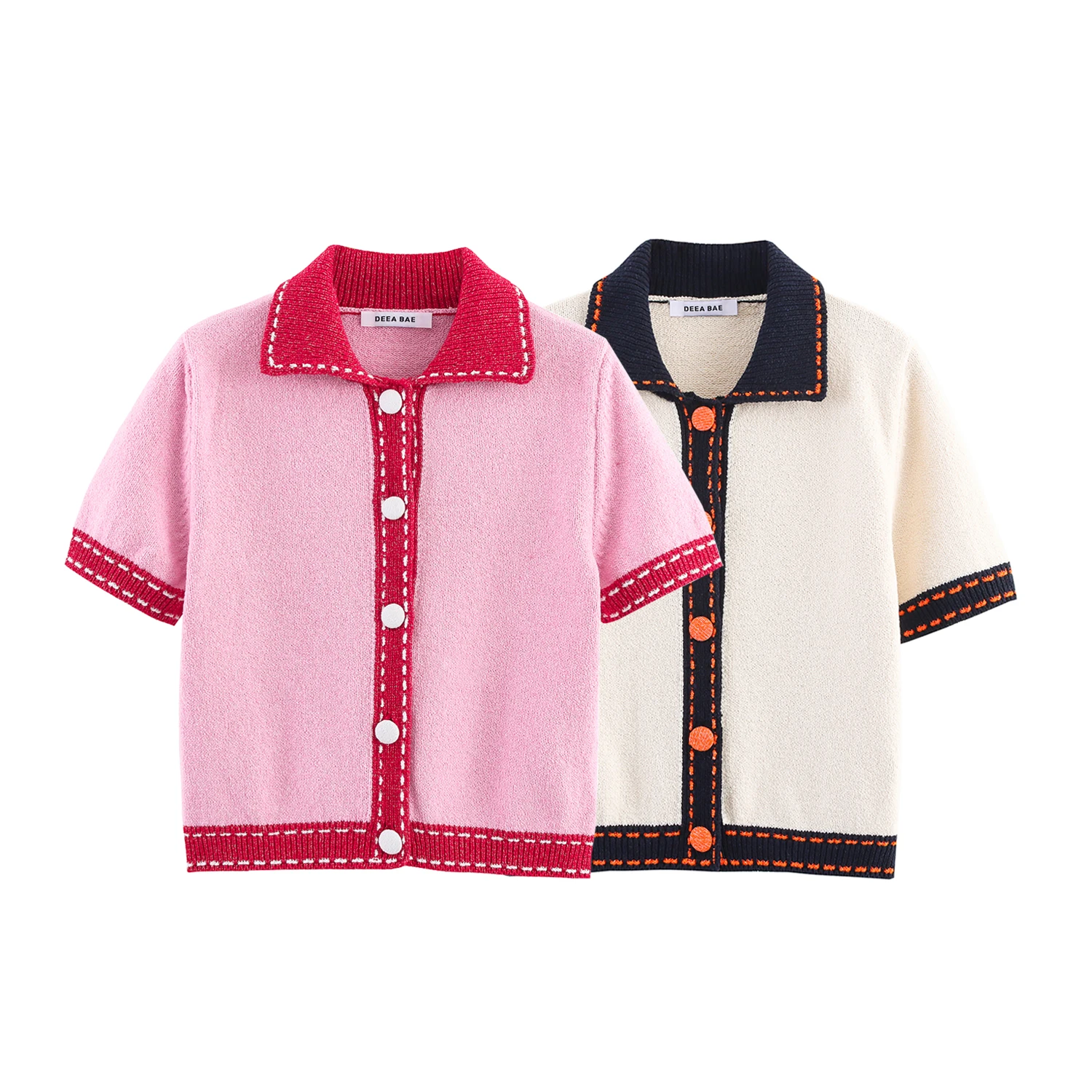 

2025 Autumn New Product: Women's Clothing with Thread Cutting Decoration, Flip Collar, Short Sleeve Knitted Cardigan