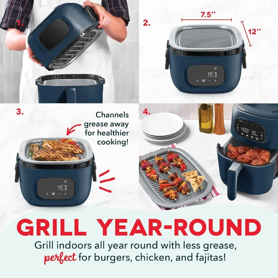 フリップフライ デジタル 2in1 グリル + エアフライヤー 4つの機能搭載 7クォート容量 室内調理用：フライドポテト、手羽先などのエアフライに最適