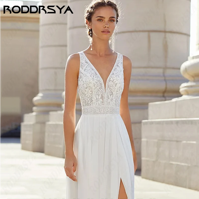 RODDRSYA gaun pernikahan renda V-Neck elegan untuk wanita Vestido De Noiva sifon potongan Tinggi pesta pengantin Boho A-line dibuat sesuai pesanan