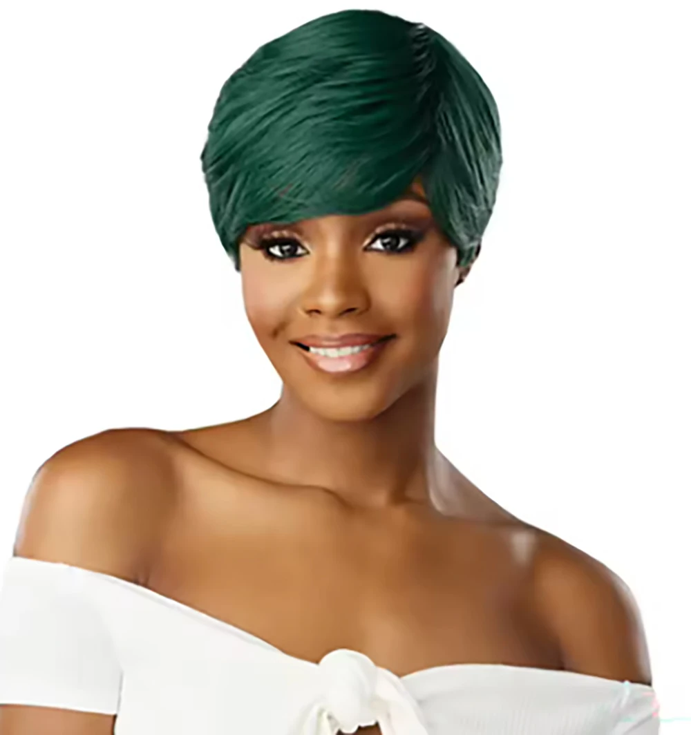 

Зеленый парик из натуральных волос с стрижкой пикси с челкой, короткий парик из натуральных волос для чернокожих женщин, бразильский парик из натуральных волос, машинное производство