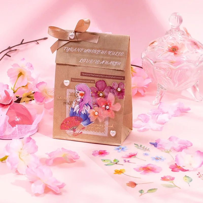 2Sheet PET Hot Gold Stickers Cherry Blossom Journey Series Fresh Floral Journal Supplies Decoration Vintage DIY Cute Stickers
